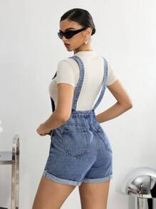 SHEIN ICON Women's Casual Letter Patched Pockets Denim Bib Shorts (T-Shirt Not Included) - Dark Wash - View 2
