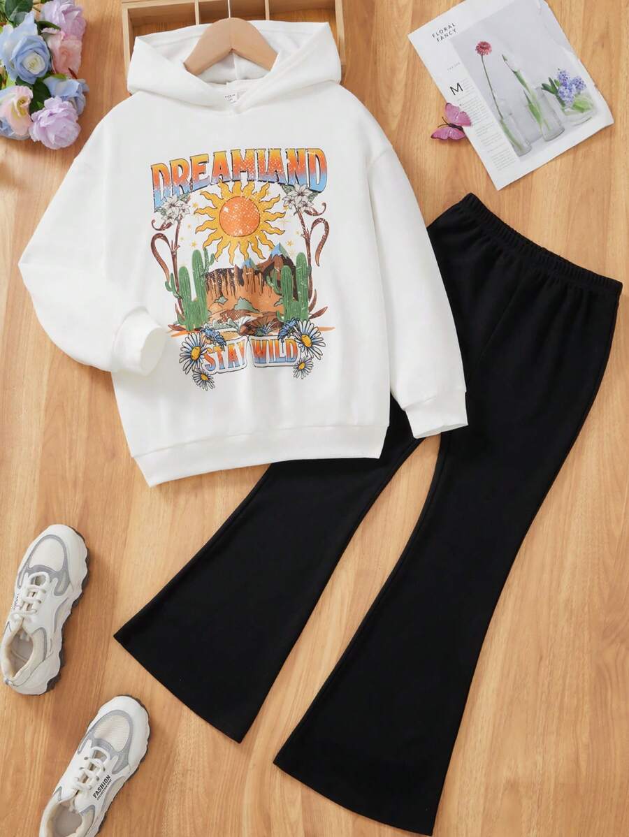 SHEIN Tween Girls Streetwear Casual Knit Hooded Sweatshirt Set - Black and White - View 1