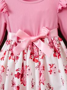 Vestido de manga larga con estampado floral, volantes en el bajo, lazo en la cintura, apropiado para primavera y otoño, para niñas - Rosa - Ver 7