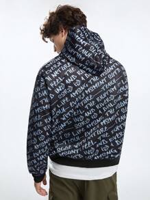 Manfinity VCAY 男士针织时尚休闲宽松图案印花抽绳连帽衫，适合秋冬 - 黑色 - 查看 2