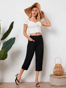 INAWLY Pantalones de mujer y pantalones capri casuales con cintura elástica, bolsillos dobles y corte afinado, pantalones acortados para primavera y otoño - Negro - Ver 1