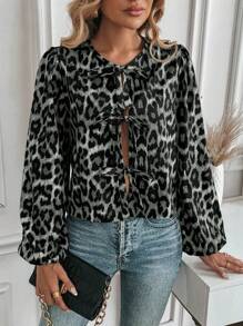 Chiquease Áo sơ mi dài tay cổ buộc nút phía trước họa tiết da báo - Nhiều màu - Xem 5