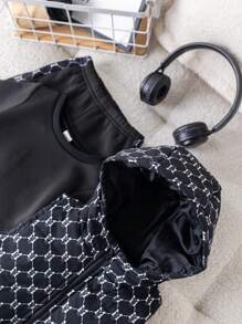 SHEIN Leap Crew 3 件装男婴/女婴休闲复古字母印花加厚棉背心、黑色圆领运动衫和字母贴布裤，适合秋冬季室内外穿着 - 黑色 - 查看 8