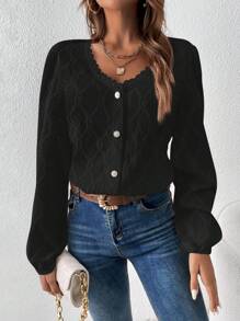 SHEIN Frenchy Solid Color V-Neck Button Front Lace Patchwork Long Sleeve Blouse,Long Sleeve Tops