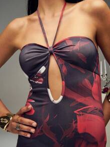 SHEIN Unity Women's Hollow Out Halter Neck Oil Painting Rose Print Dress - Multicolor - View 6