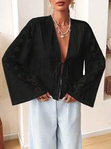 SHEIN VCAY Plus Size Women's Casual Solid Color Woven Long Sleeve Front Tie Detail Loose Shirt