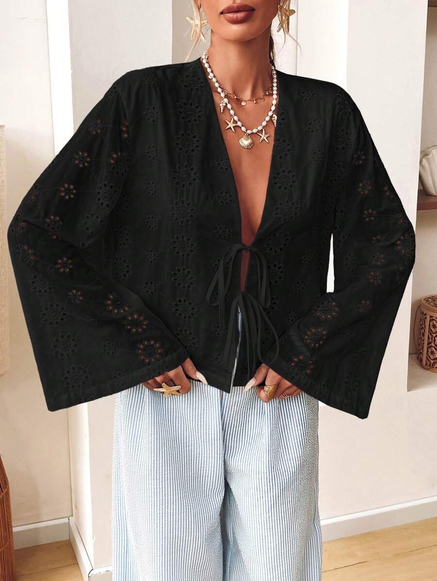 SHEIN VCAY Plus Size Women's Casual Solid Color Woven Long Sleeve Front Tie Detail Loose Shirt