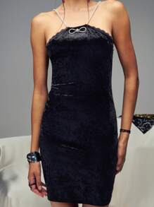 SHEIN Unity Velvet Bow Front Lace Detail Diamante Strap Mini Dress - Black - View 6