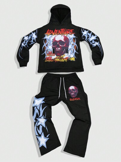 Street Life Skull & Five-Pointed Star Print Hooded Sweatshirt + Loose Drawstring Straight Leg Pants Set Tracksuit