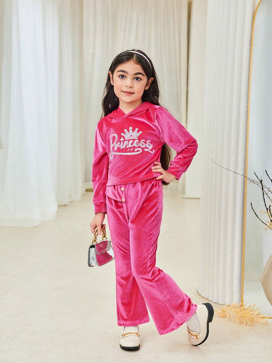 SHEIN Conjunto de top con capucha de terciopelo y pantalones acampanados para niñas, color magenta, casual, de moda, apropiado para uso diario - Rosa Fucsia - Ver 1