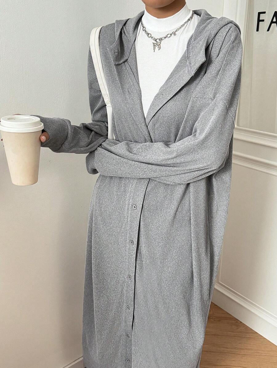 SHEIN EZwear 女士秋季休闲纯色前扣连帽长夹克 - 灰色 - 查看 1