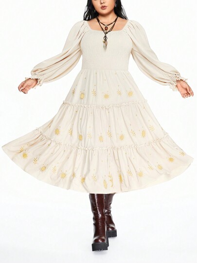 Hippie Plus Size Retro Embroidered A-Line Puff Sleeve Cinched Waist Casual Dress, Autumn/Winter