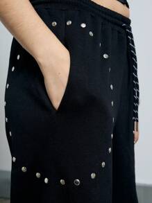 AiiRZ Studded Wide Leg Athletic Pants Workout Joggers Dance Studio Pants Fitness Training Tracksuit Bottom Fall Winter Athletic Wear - Black - View 4