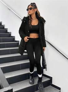 Abrigo acolchado con capucha de unicolor casual de invierno - Negro - Ver 5