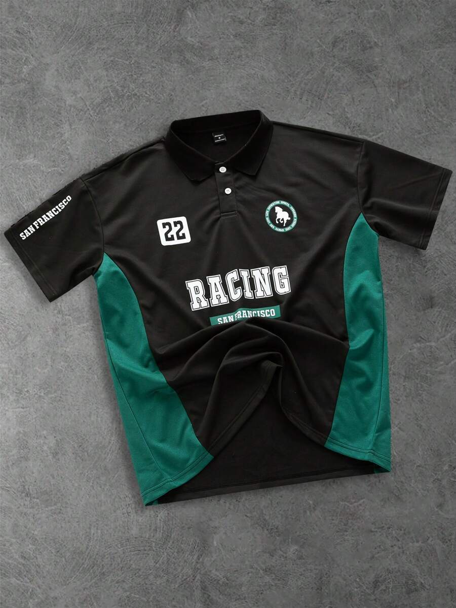 Aesthetic Post--Men Vintage Contrast Color Letter Graphic Print Button Front Casual Short Sleeve Collar Golf Polo Shirt