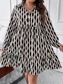 SHEIN LUNE Plus Size Casual Daily Ruffled Hem Loose Allover Print Dress, Autumn Thanksgiving Outfit Holiday Outfit Holiday Party Dress Plus