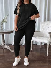 SHEIN LUNE 2pcs Plus Size Ribbed Short Sleeve Top & Casual Pants Set - Black - View 3