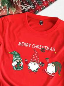 SHEIN EZwear Christmas Santa Claus Pattern Casual Loose Crew Neck Short Sleeve Women T-Shirt, Suitable For Summer