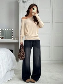 SHEIN EZwear 女士纯色长袖简约 T 恤，休闲日常穿着 - 杏色 - 查看 5