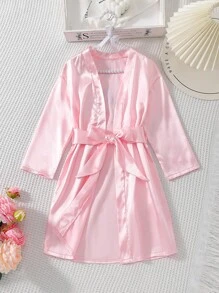 Girls Pajamas Pink Satin Backprint Long Sleeve Maxi Robe Nightwear Set For Young Girl - Pink - View 2