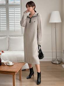 DAZY Women's Embroidered Collar Half-Zip Long Sleeve Knit Sweater Dress