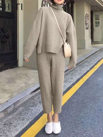 EMERY ROSE 2 件纯色高领毛衣和裤子套装，秋冬休闲装