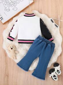 SHEIN 女婴休闲时尚街头棒球夹克和喇叭裤套装，春秋 - 玫紅色 - 查看 2