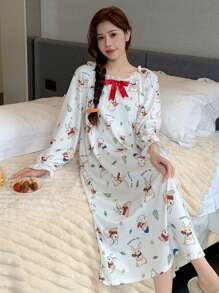 DAZY Chemise de nuit ample avec volants et imprimé lapin mignon - Blanc - Voir 3