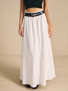 Poéselle Women's White Long Skirt With Belts Solid Color Pleated A-Line Skirt, Casual Daily Wear