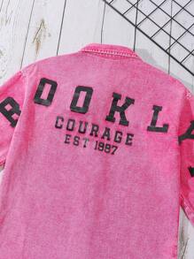 Oversized Vintage Y2K Streetwear Style Distressed Long Denim Jacket With V-Neck Collar For Tween Girl, Fuchsia - Hot Pink - View 4