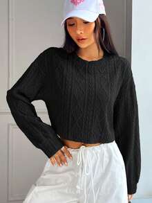 Muchica 秋季休闲纯色短款纹理卫衣 - 黑色 - 查看 7