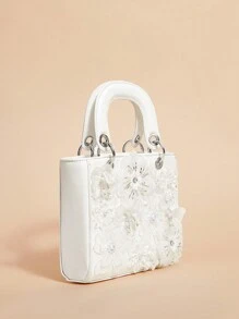 SHEIN Belle Bolso de mano de flores elegante, glamoroso y lujoso para mujeres, bolso de noche para mujeres, niñas, damas, estudiantes universitarias, novias, damas de honor, invitadas de boda, luna de miel, fiestas, bailes de graduación, bodas, clubes, citas, noche de San Valentín. Un exquisito bolso floral para mujeres, el mejor regalo para el Día de la Madre - Blanco - Ver 3