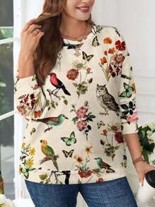 SHEIN LUNE Sudadera holgada con estampado vintage de pintura floral y pájaros para mujer de talla grande