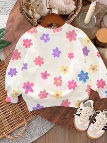 SHEIN Cute & Sweet Cartoon Floral Print Loose Fit Crew Neck Casual Comfortable Knit Long Sleeve Pullover Sweatshirt, Versatile For Girls, Suitable For Autumn/Winter
