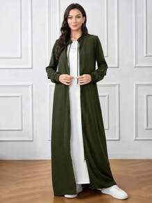 Al Najma 女士时尚端庄优雅迷人长袖拉链长袍，休闲运动立领前拉链闭合长袍，适合日常休闲/工作/返校 - 軍綠色 - 查看 5