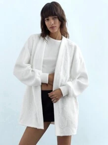Maija Women's White Floral Embossed Elegant Long Sleeve Regular Jacket, Autumn/Winter - White - View 4