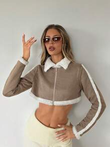 SHEIN ICON Women's Autumn Winter Colorblock Fluffy Collar Cropped Casual Long Sleeve Composite Jacket
