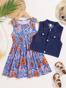 2pcs Young Girls Casual Denim Effect Sleeveless Jacket & Ditsy Floral Dress Set - Multicolor - View 1