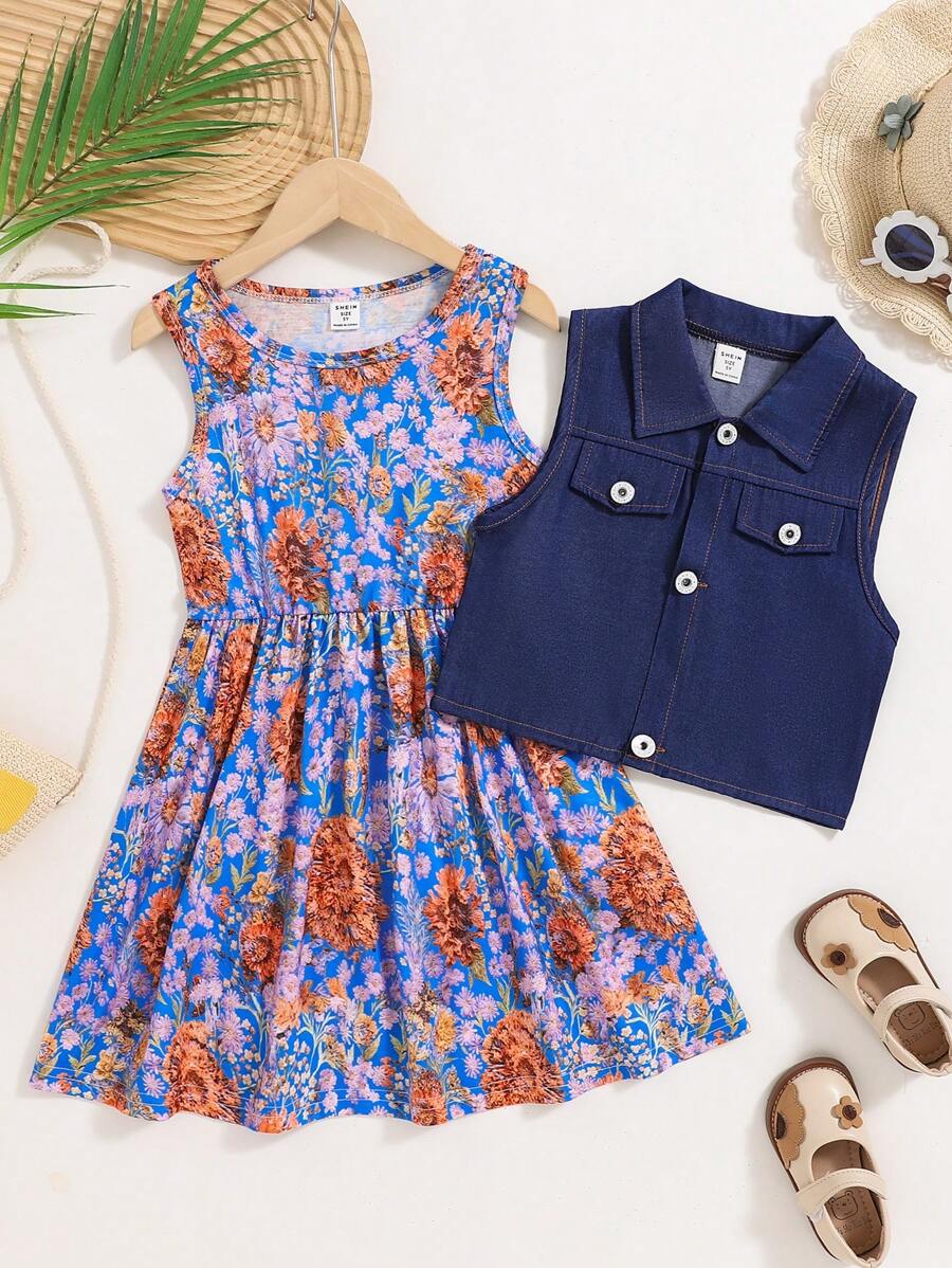 2pcs Young Girls Casual Denim Effect Sleeveless Jacket & Ditsy Floral Dress Set - Multicolor - View 1
