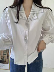 DAZY Women's Contrast Stitched Solid Color Mandarin Collar Shirt,Fall Clothes Long Sleeve Top - White - View 4