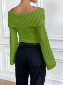 Flirla Off-Shoulder Casual Versatile Knit Sweater, Autumn/Winter Knit Pullover Fall - Green - View 2