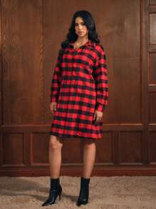 Zolique Black & Red Plaid Brushed Long Sleeve Maxi Shirt