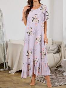 Women Floral Print Ruffle Hem Long Nightgown Babydoll Luxe Loungewear - Mauve Purple - View 3