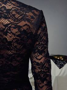 SHEIN Unity 长袖系带蕾丝短款上衣，性感黑色 - 黑色 - 查看 8