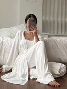 DAZY Minimalist Soft Loungewear Set: Straight Leg Pants & Belted Robe, Fall Winter Clothes Pajama - White - View 1