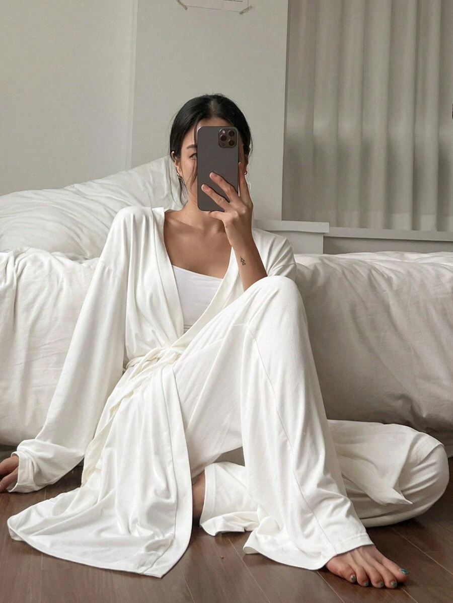 DAZY Minimalist Soft Loungewear Set: Straight Leg Pants & Belted Robe, Fall Winter Clothes Pajama - White - View 1