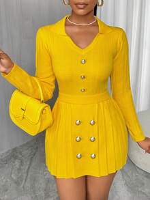 VaVaBold New Yellow Button Minimalist Sexy Sweater & Pleated Skirt Set - Yellow - View 5