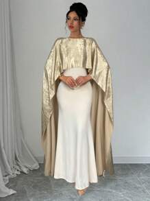 Rafferiza 1pc Women's Elegant Long Evening Dress With Shawl Collar For Holiday Party Clothes Maxi Satin Women Outfit - Gold - View 3