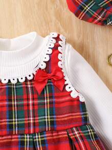 SHEIN 2pcs Christmas Plaid Baby Girls Bowknot Colorblock Plaid Sleeveless Pinafore Dress & Thermal Turtleneck Set