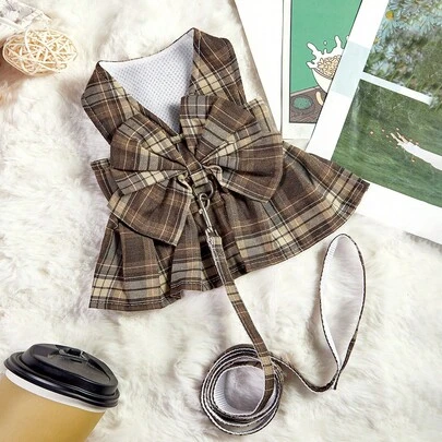 PETSIN 1 pieza Conjunto de collar y correa con lazo a cuadros marrones para gatos y perros